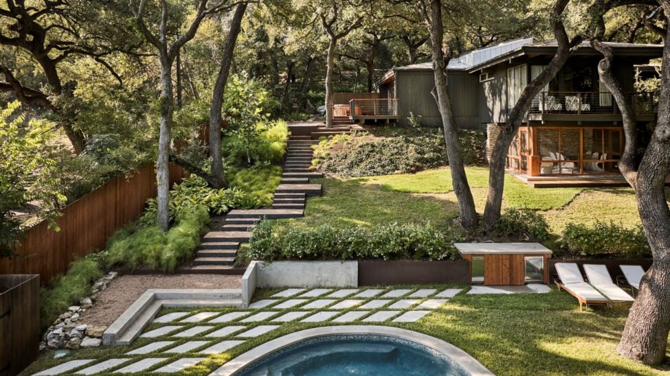 view of stairs and pool of the balcones residence in austin texas